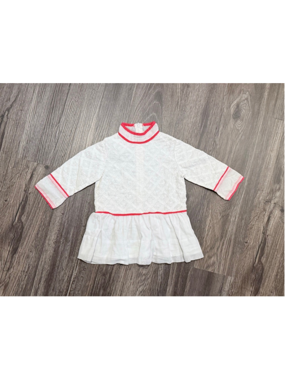 Vintage 70s Sears Pooh Collection Toddler Dress Sz 2 White Textured Red Trim